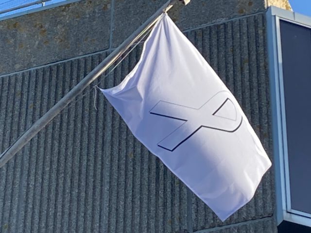 The White Ribbon Day flag flying at Hove Town Hall