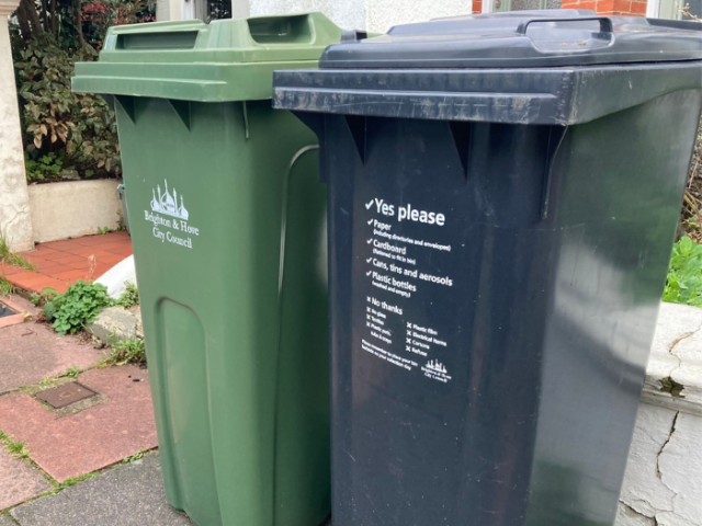 Photo of a recycling and a rubbish wheelie bin left on a pavement in Brighton & Hove