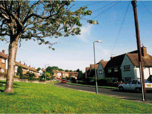 A general view of homes with a green and tree in the foreground
