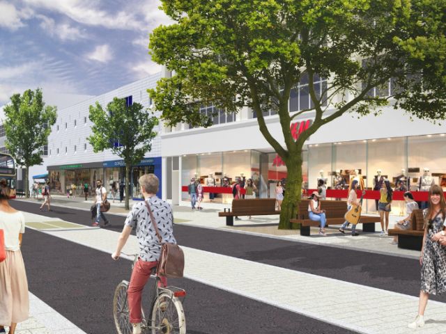 Artists impression of a road with shops, shoppers and a cyclist