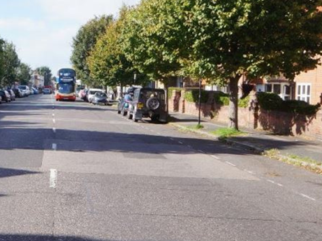 A road with trees, cars and a bus