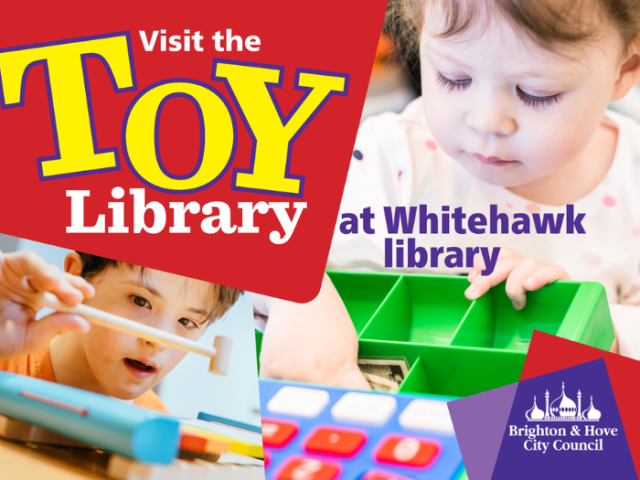 Colourful graphics showing young children playing with a xylophone and a toy cash register. Text reads: Visit the toy library. 