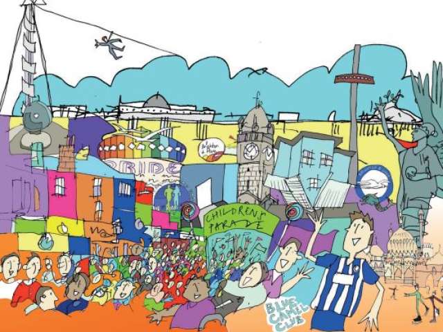 Image shows a colourful cartoon drawing of diffeent aspects of Brighton and Hove including the children's parade.