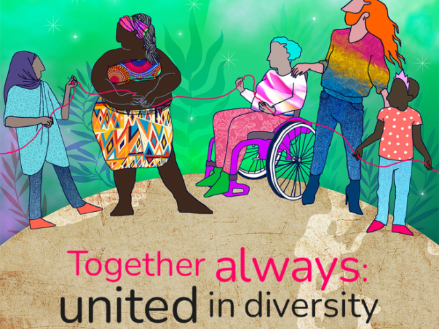 International Day Against Homophobia, Transphobia and Biphobia 2023 graphic with illustrations representing a diverse group of people standing together in unity and wording reading 'Together always united in diversity'