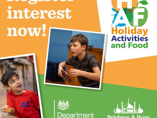 Image of children taking part in activities as part of the Holiday, Activities and food programme with the text register your interest now!