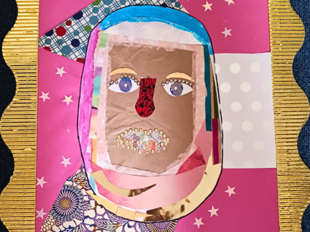 Picture shows a mixed media collage of a girl wearing a hijab.