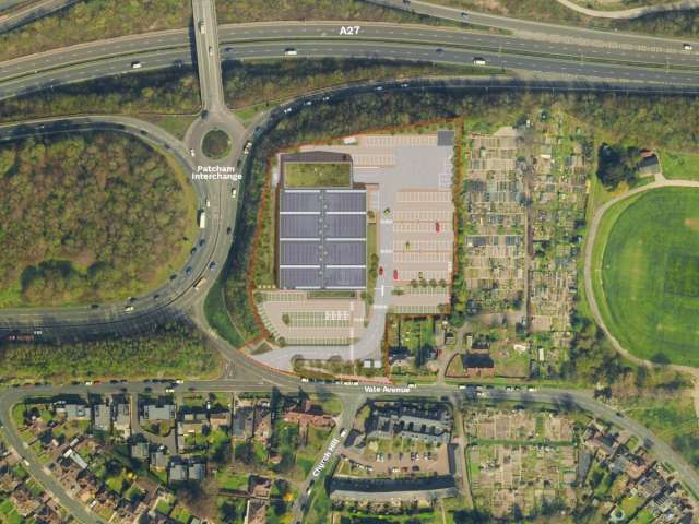 An aerial view of Patcham Court Farm with Royal Mail's proposed development superimposed on the image to the left of and below the A27 / A23 Patcham road junction.