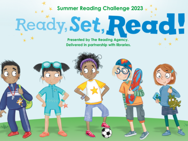 Picture shows five cartoon children, all holding various sports paraphernalia. The text reads: Summer Reading Challenge 2023. Ready, Set, Read!