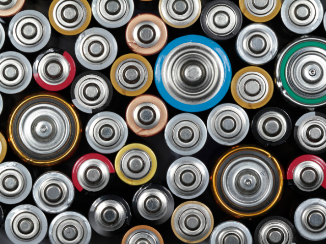 Photo of many batteries in different sizes and colours.