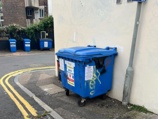 Photo of large blue commercial bins blocking pavements.