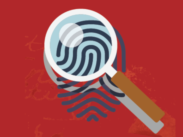 The image shows a graphic of a looking glass and a fingerprint on a dark red background. 