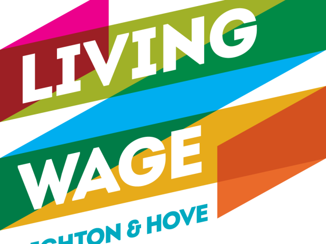 Living Wage Brighton & Hove logo - multi-coloured zig-zag ribbon with the words overlaid