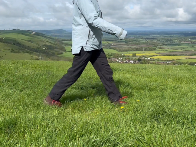 a person walking on a green hillside