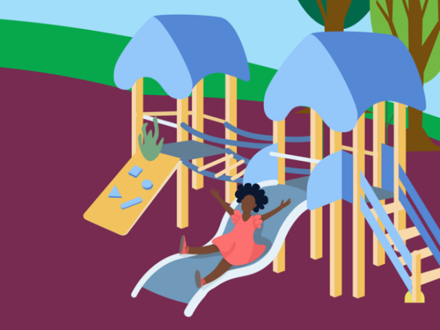 Illustration of child sliding down a slide on a child's playground frame.