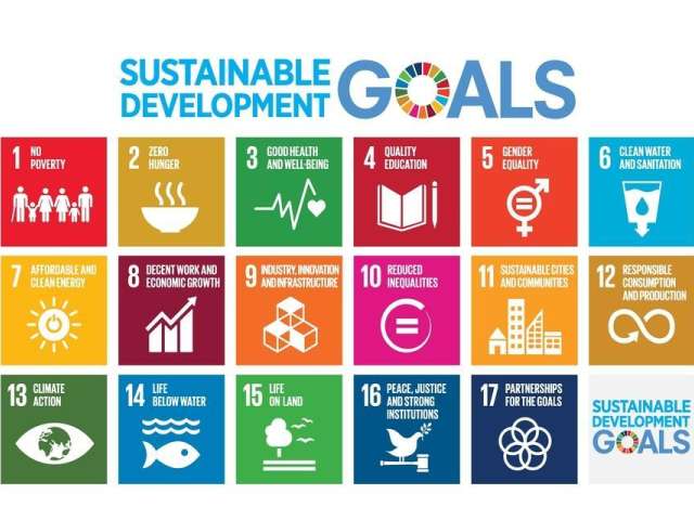 Sustainable Development Goals with the 17 squares showing each one in different colourse