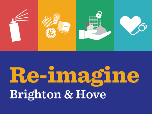 Graphic with text reading 'Re-imagine Brighton & Hove' with icons representing graffiti, the cost of living, safety for women and girls and health.