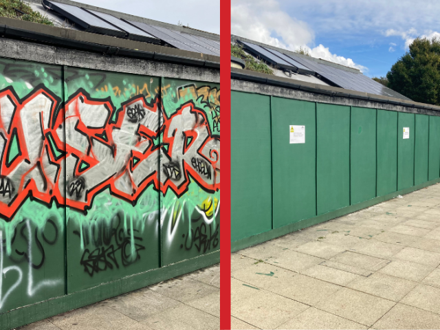 a picture of a before and after look at some graffiti that's been cleaned off