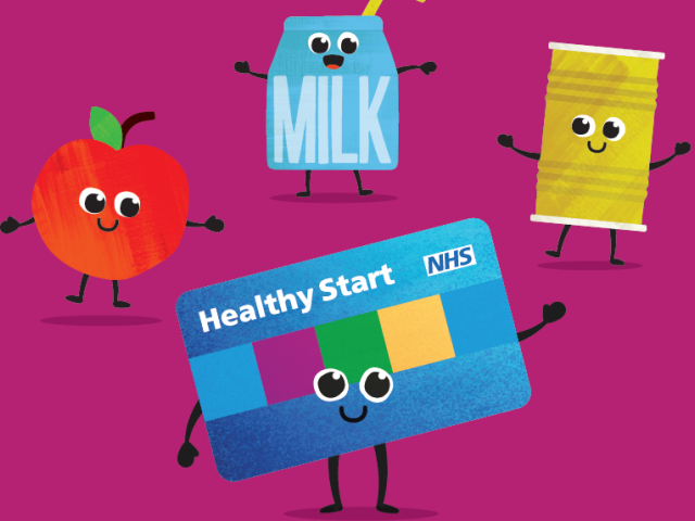 The image shows a set of cartoony characters, depicting a smiling and waving NHS Healthy Start card, an apple, milk carton and a tin of legumes. 
