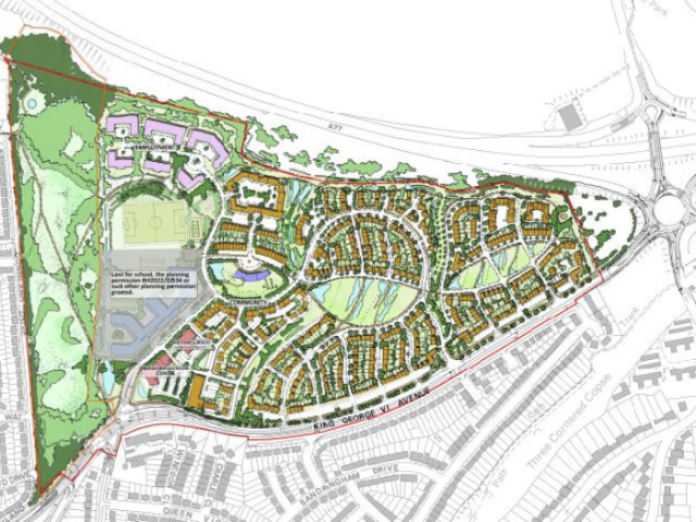 A map of the proposed Toads Hole Valley development showing an aerial view of the site, including planned roads, houses and community spaces.