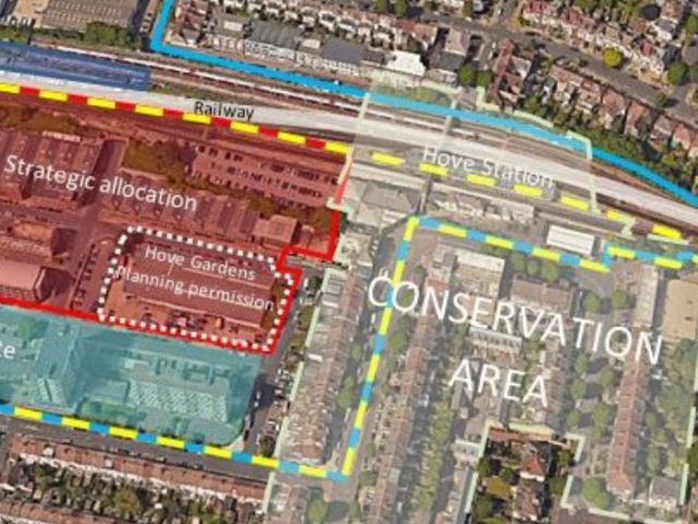 Map of Hove Station area with markings over the top to show a conservation area.