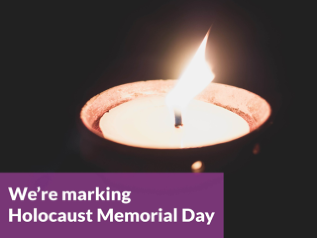 An image marking Holocaust Memorial Day showing a candle and the words "we're marking holocaust memorial day."