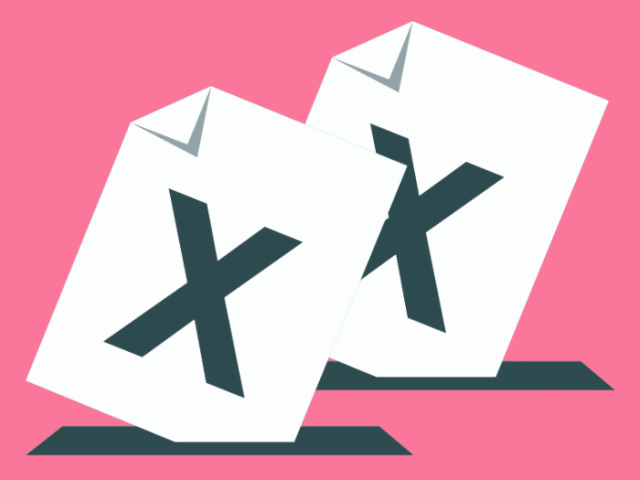 A drawing of  a large black X on two plain white voting papers being posted into a box by invisible hands is on a pink background. 