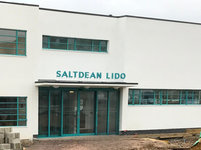 The image show a part of the refurbished Saltdean Lido building. 