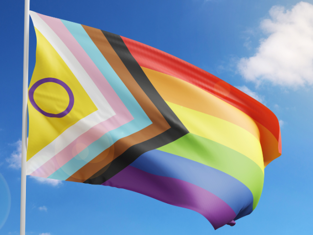 An LGBTQ+ Inclusive Flag flying against a blue sky