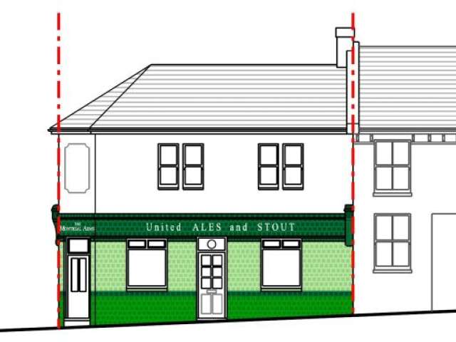 A drawing of the front of the pub showing two windows upstairs and the green tiles on the lower floor.