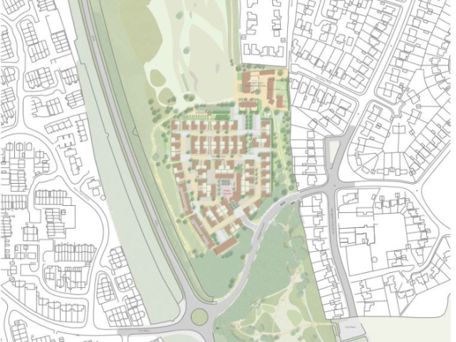 A map of the proposed Benfield Valley development showing an aerial view of the site, including planned roads, houses and community spaces.