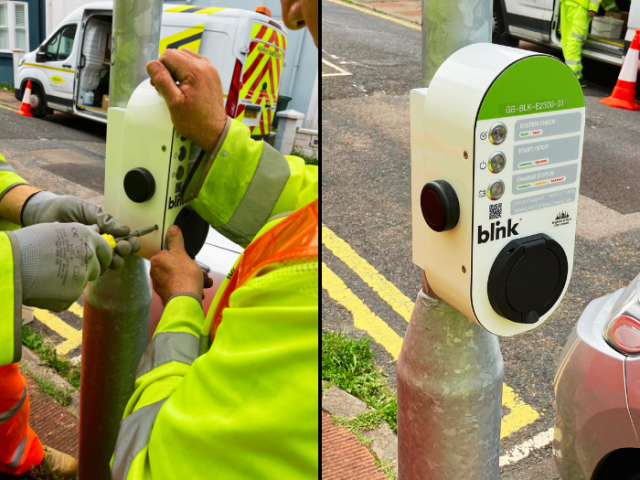 Two pictures - one of an electric vehicle charge point being installed, the other of the finished installation