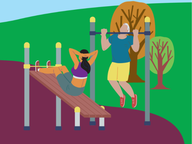 Colourful illustrations showing two people using outdoor gym equipment.