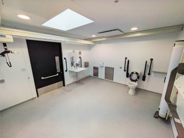 A picture of a bathroom with toilet, basin, handrails and winch