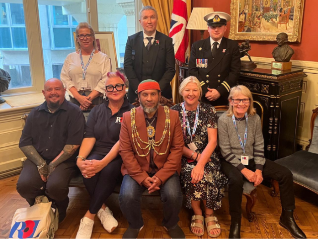 The Mayor of Brighton & Hove Councillor Mohammed Asaduzzaman and Councillor Amanda Grimshaw with Royal British Legion volunteers in the Mayor&rsquo;s Parlour at Brighton Town Hall