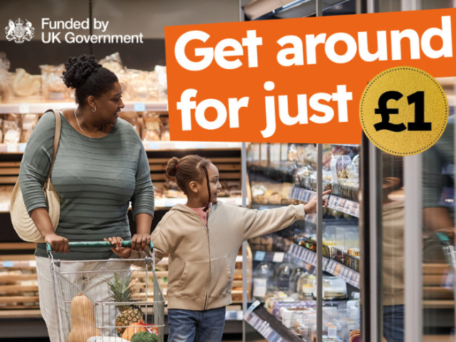 A picture of a woman and daughter in a supermarket with caption reading "get around for just &pound;1"