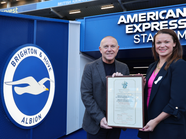 Council Leader Bella Sankey presents Freedom of the City to Paul Barber, chief executive and deputy chairman, Brighton & Hove Albion
