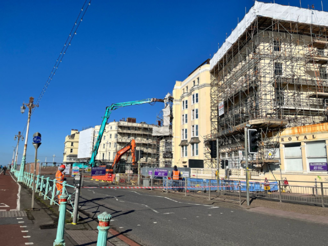 A259 and crane demolishing the Royal Albion Hotel.