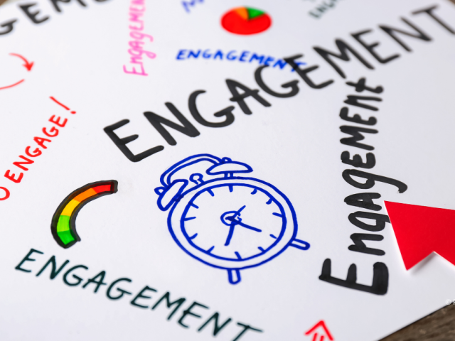 Ideas board with a clock, rainbow and arrow and the words 'engagement' and 'time to engage'