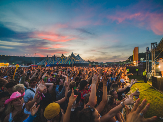 Music fans enjoying an outdoor concert in a city park