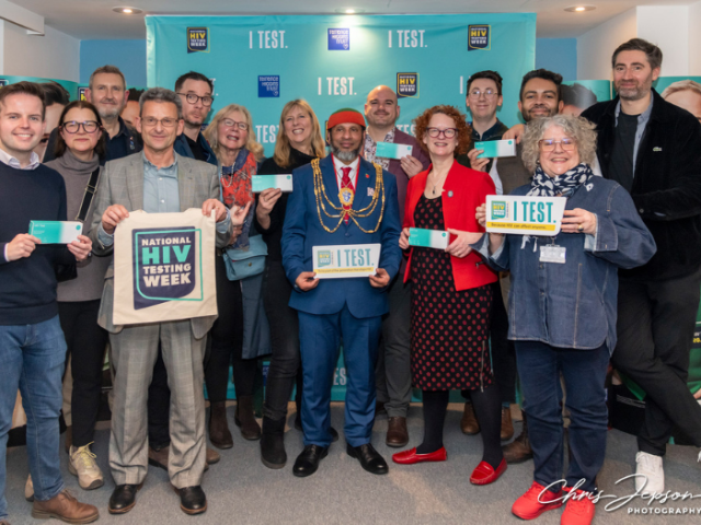 The image shows Brighton & Hove mayor Mohammed Asaduzzaman and city's councillors supporting the HIV testing campaign.