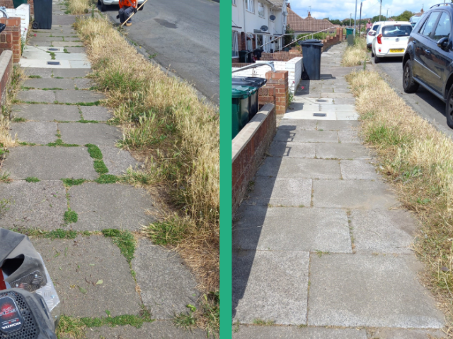 a before and after picture of a pavement, the first with weeds, the second without