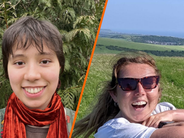 Head and shoulders of Bodh Cullis wearing an orange scarf against the background of a fir tree and Zoe Gowers on the South Downs