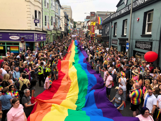 Picture of a huge rainbow banner being carried through the streets