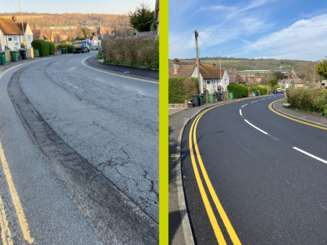 A before and after picture of a road after it has been resurfaced