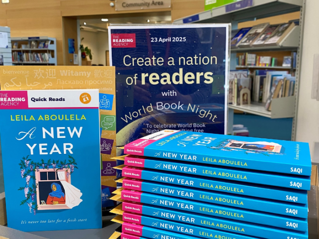A stack of &lsquo;A New Year&rsquo; by Leila Aboulela's &lsquo;A New Year&rsquo; books in Jubilee Library to mark World Book Night 2025