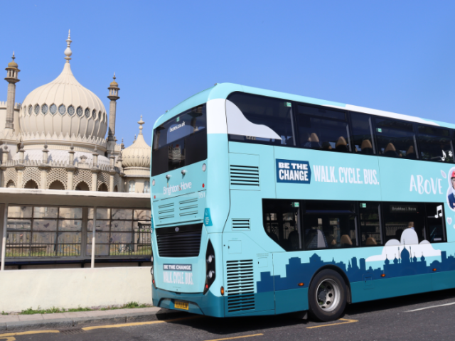 a picture of a bus in front of Brighton Pavilion