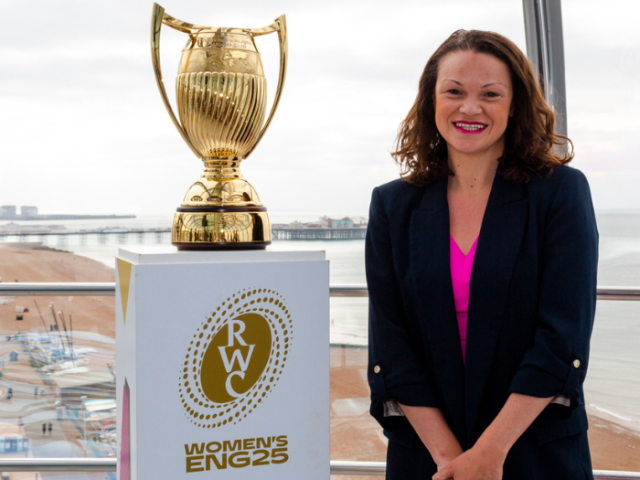 Council leader Bella Sankey with the 2025 Women's Rugby World Cup trophy in the 1360