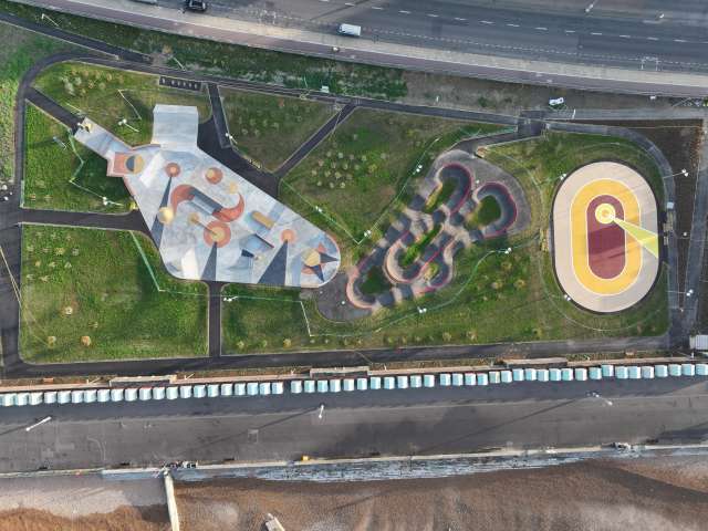 Drone shot of the wheeled sports area at Hove Beach Park.