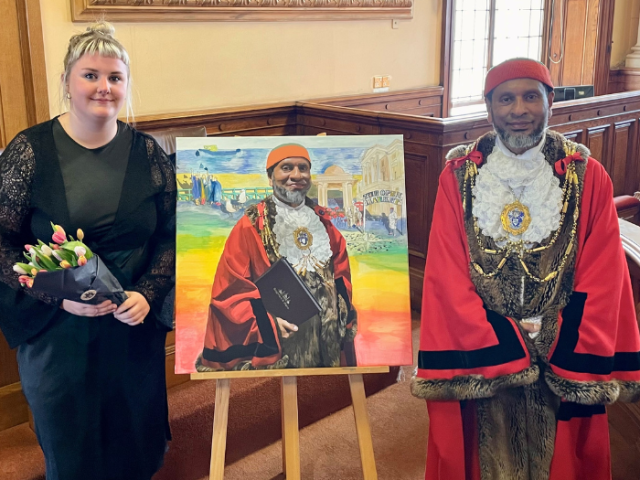 Pic of Mayor Cllr Mohammed Asaduzzaman and artist Lucy Dixon with new Mayor portrait