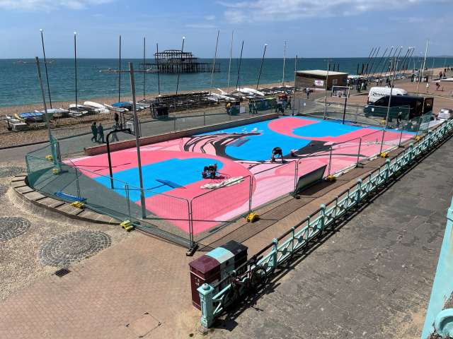 The basketball court on Brighton & Hove seafront, with the finishing touches being added as part of its revamp